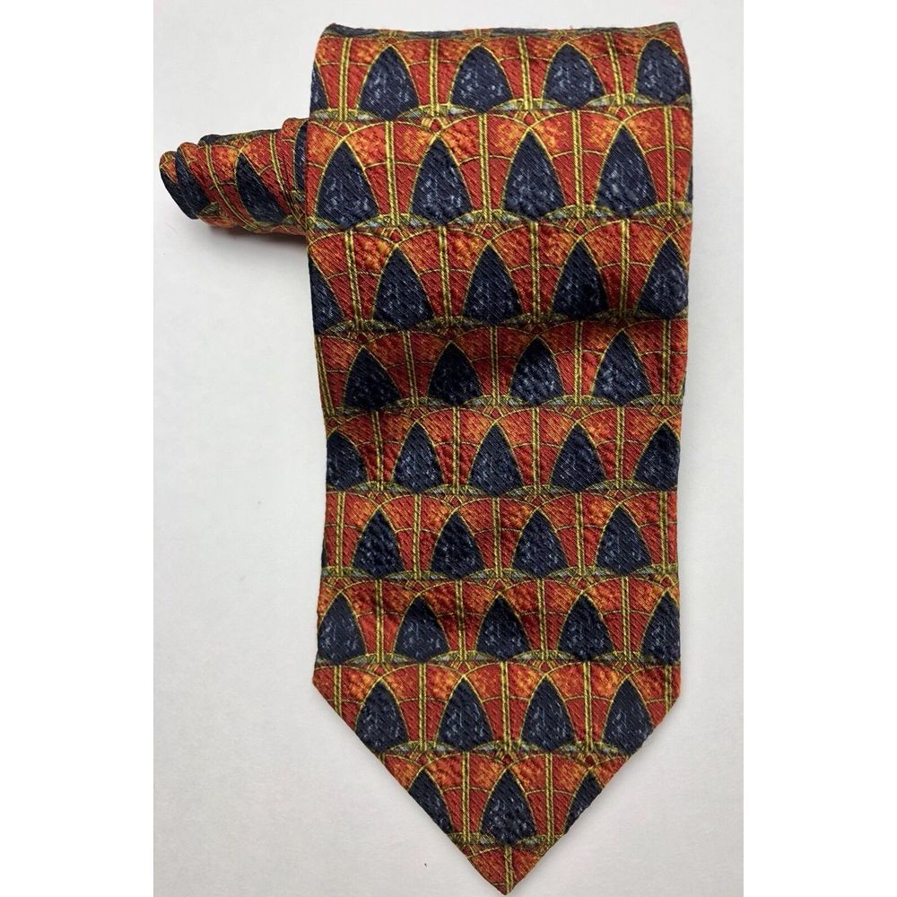 Ermenegildo Zegna Mens 100% Silk Tie Red/Navy Geometric Print Italy 3 5/8" Width
